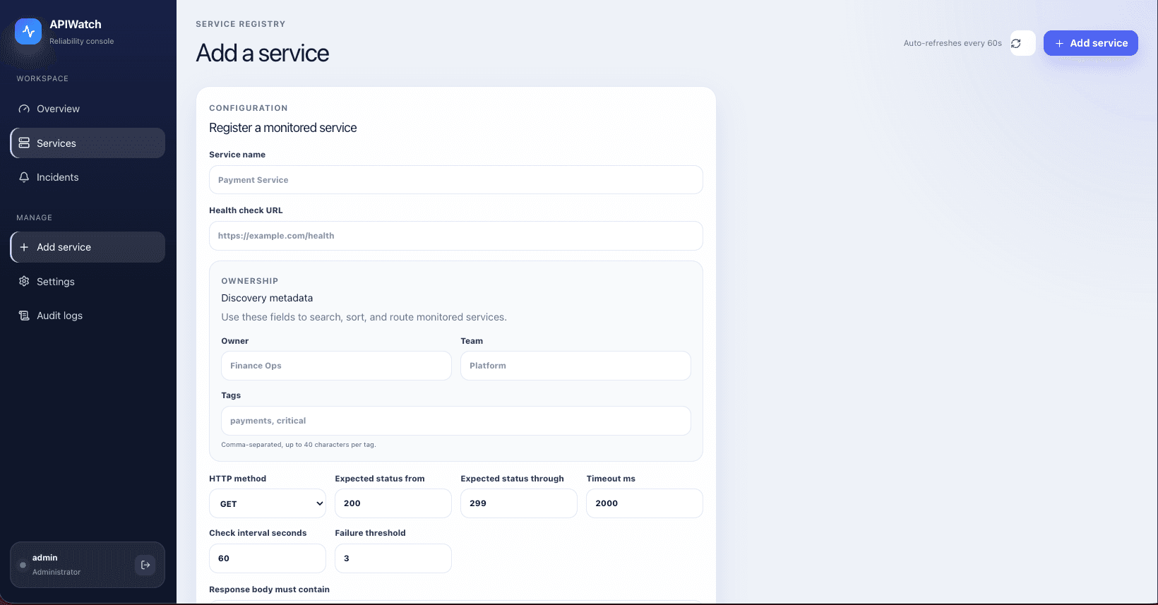 APIWatch add service form with endpoint, ownership, method, timeout, interval, and failure threshold fields.
