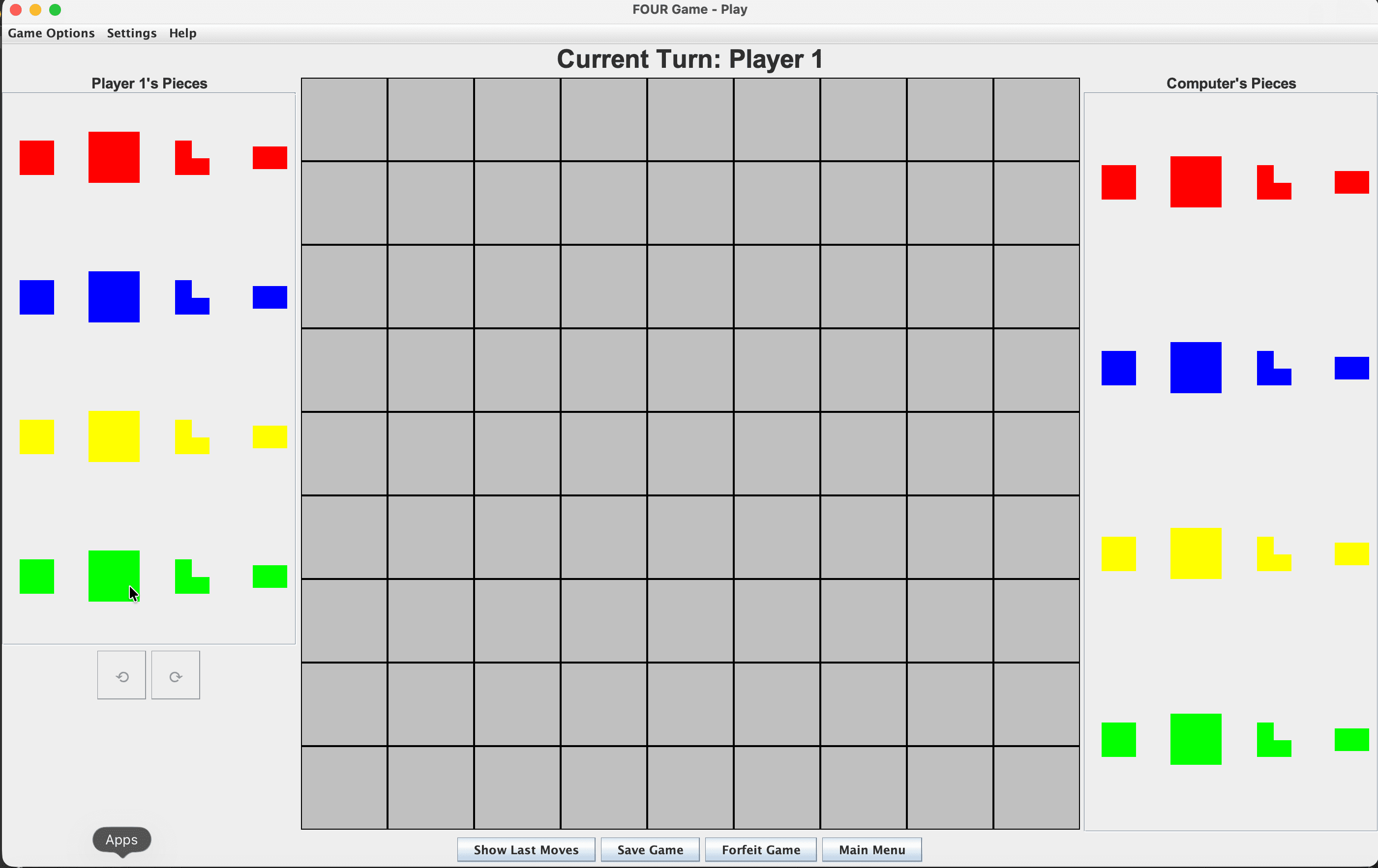 FOUR board game play screen with a 9x9 board and player piece panels.