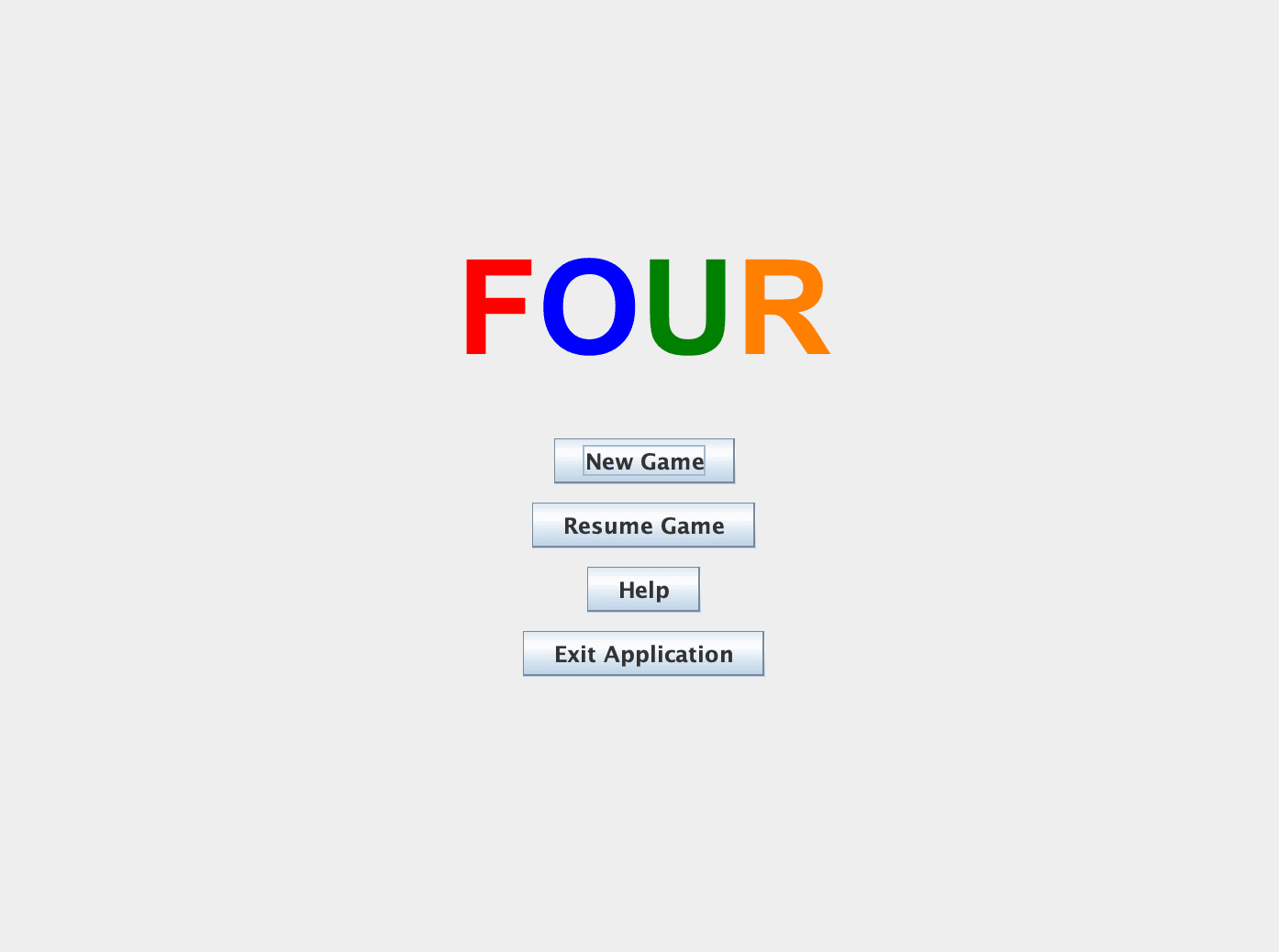 FOUR board game main menu with New Game, Resume Game, Help, and Exit buttons.