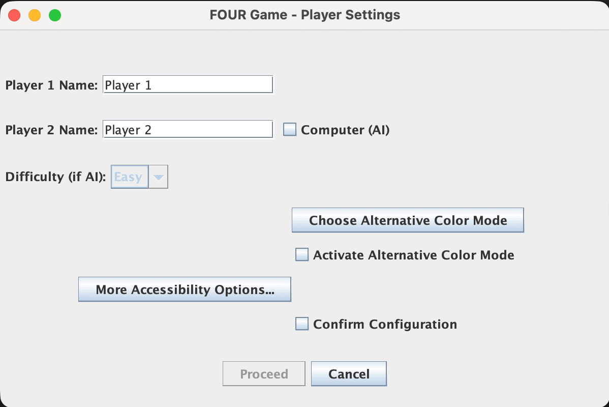 FOUR board game player settings screen with player names, AI difficulty, and accessibility options.