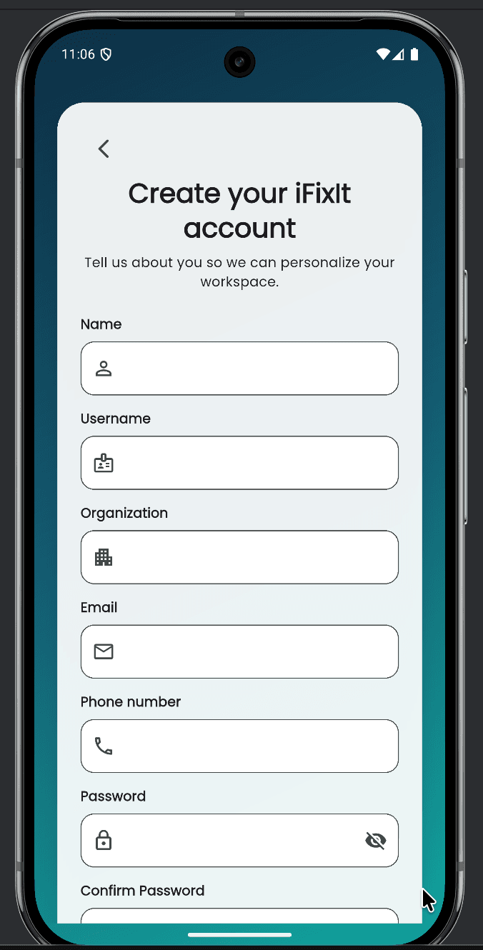 iFixIt mobile account creation screen with profile and contact fields.