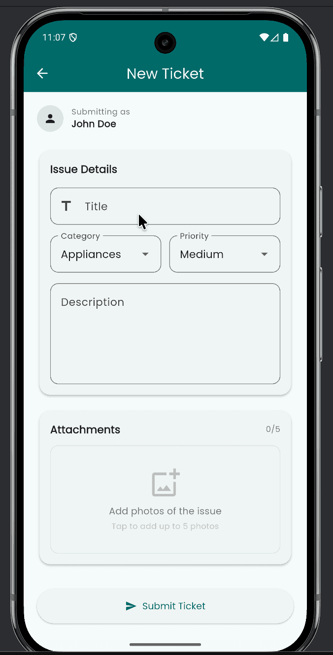 iFixIt mobile new ticket screen with issue details and attachment controls.